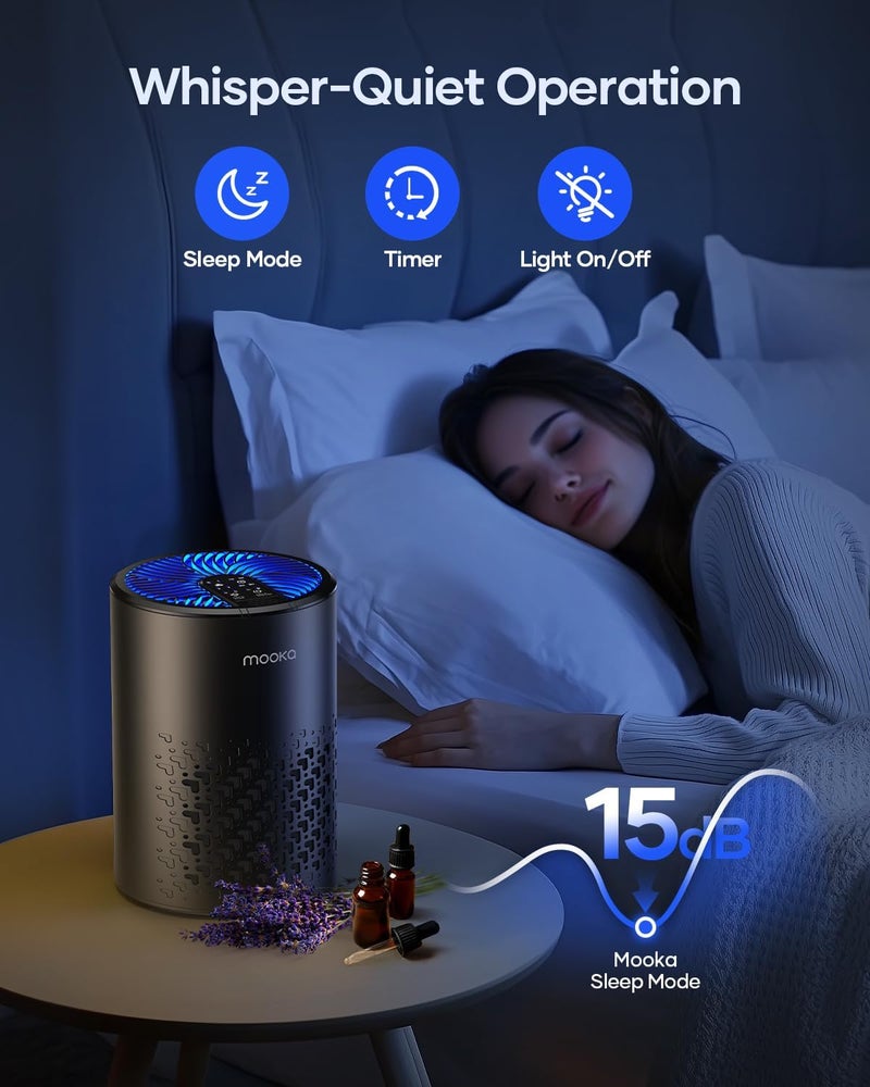 Mooka Air Purifiers for Bedroom Home, HEPA Air Purifier for Home Pets with Fragrance Sponge for Smoke Dust Pollen Dander Odor, Small Air Purifier with Sleep Mode Night Light Timer, KJ067L, Black - Image 4